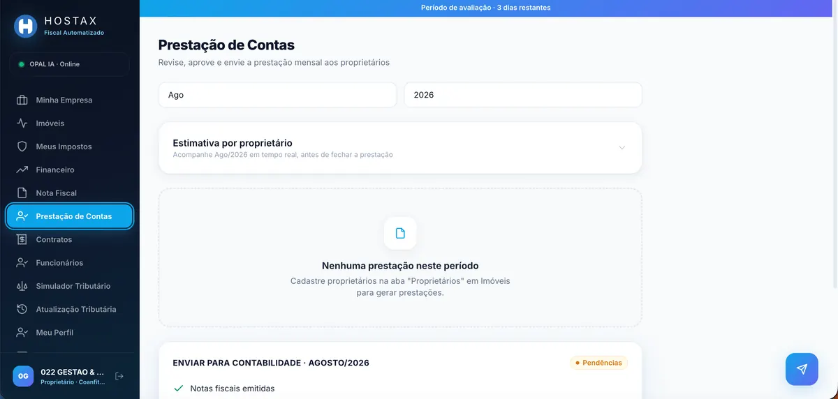 Tela real de prestação de contas do aplicativo HOSTAX