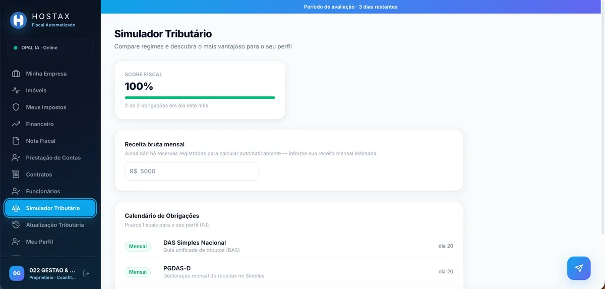 Tela real do simulador tributário do aplicativo HOSTAX